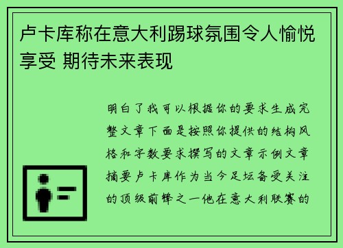 卢卡库称在意大利踢球氛围令人愉悦享受 期待未来表现