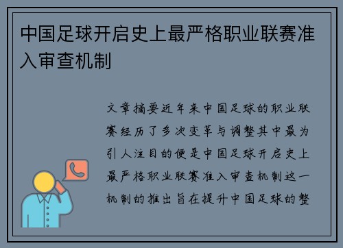 中国足球开启史上最严格职业联赛准入审查机制